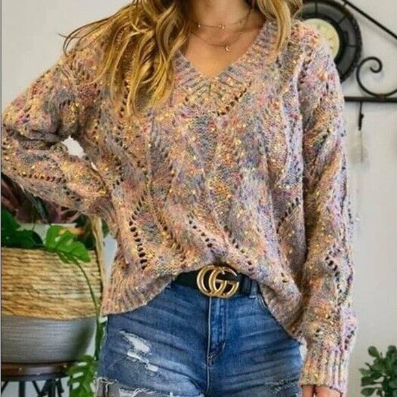 Macaron Sweater Confetti V-Neck Womens Size Small Multicolor Breathable Knit - Picture 1 of 11